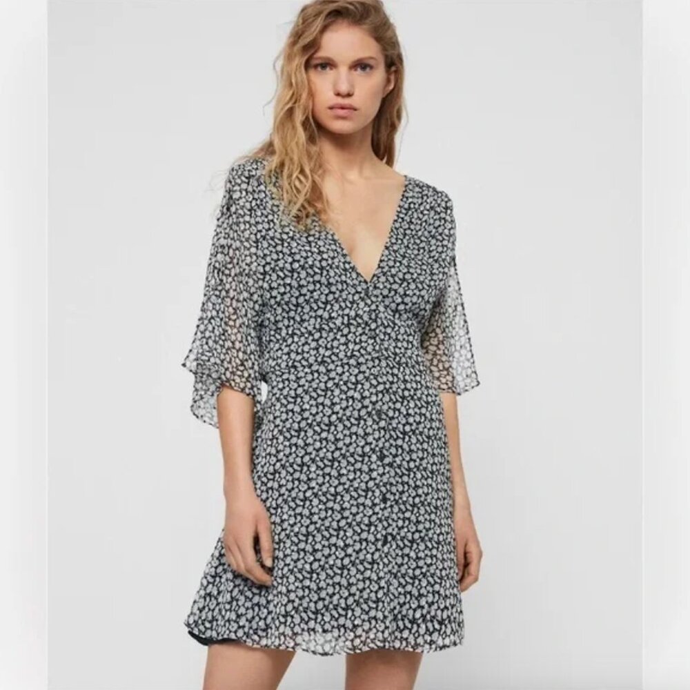 All Saints Ivey Scatter Black and White Floral Mini Dress - Size US 4 / EU 36